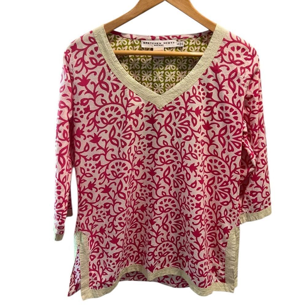 Gretchen Scott Designs Pink Floral V-Neck Tunic Top | 3/4 Sleeve | Cotton Small